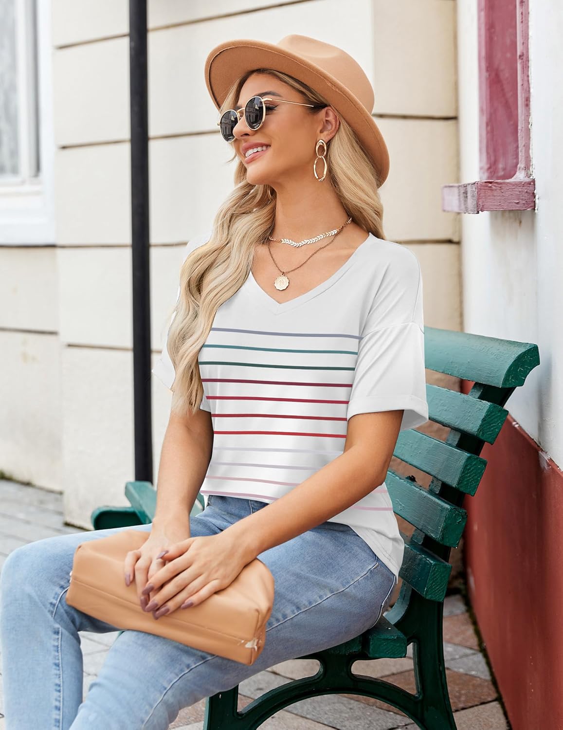 Short Sleeve Casual Shirts Floral Tee Basics V Neck Plain T-shirt