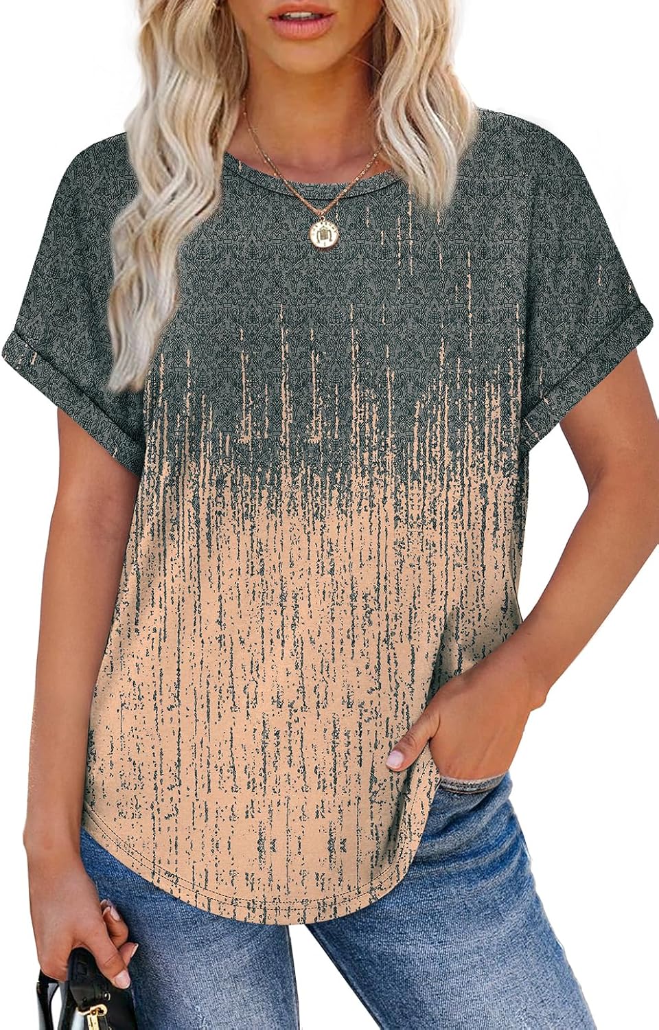 Womens T Shirts Crew Neck Rolled Short Sleeve Basic Summer Tees Curved Hem