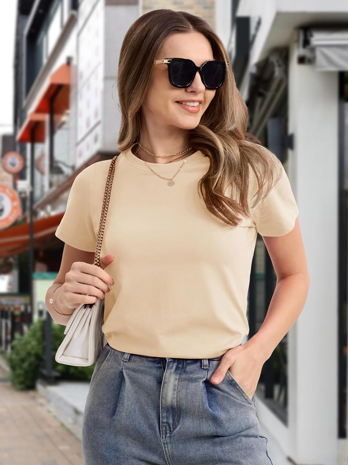 Women's Cotton T-Shirts Short-Sleeve Shirts Crew-Neck Tops