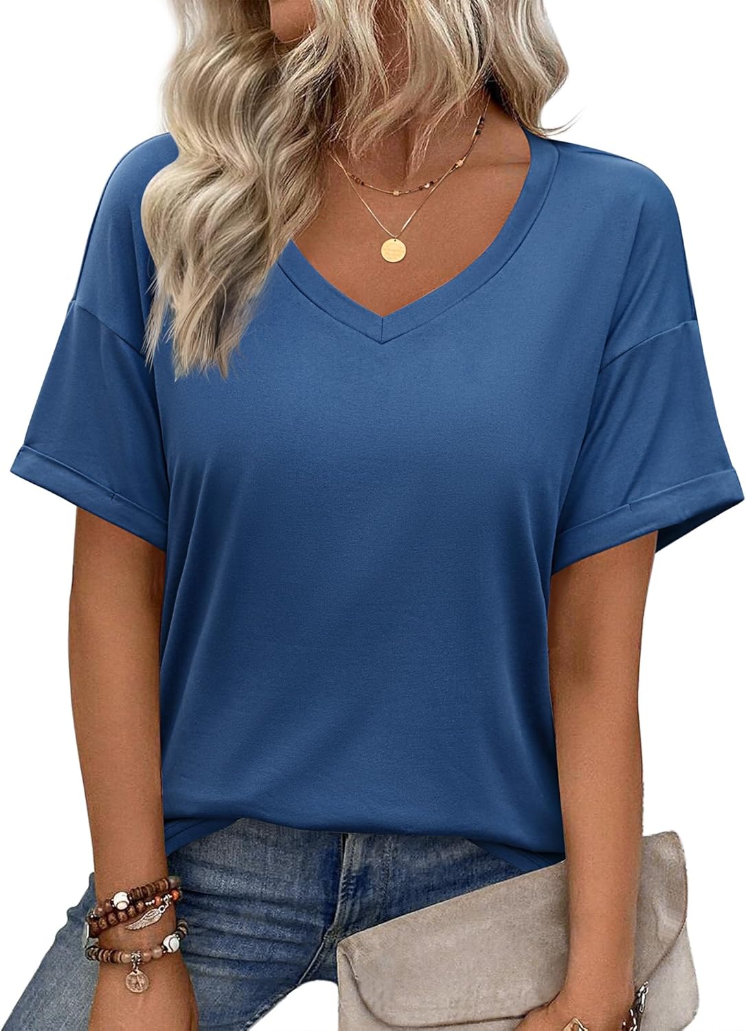 Short Sleeve Casual Shirts Floral Tee Basics V Neck Plain T-shirt