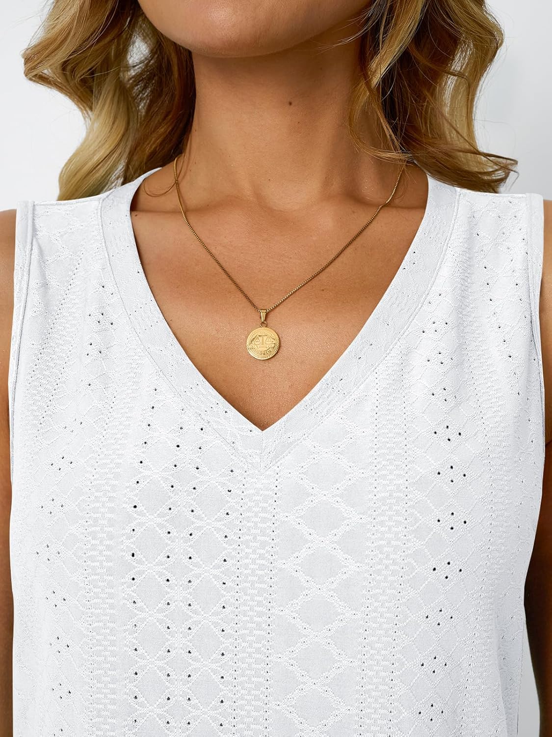 Womens Summer Tank Top Eyelet Embroidery V Neck Sleeveless Loose Fit Casual Shirt