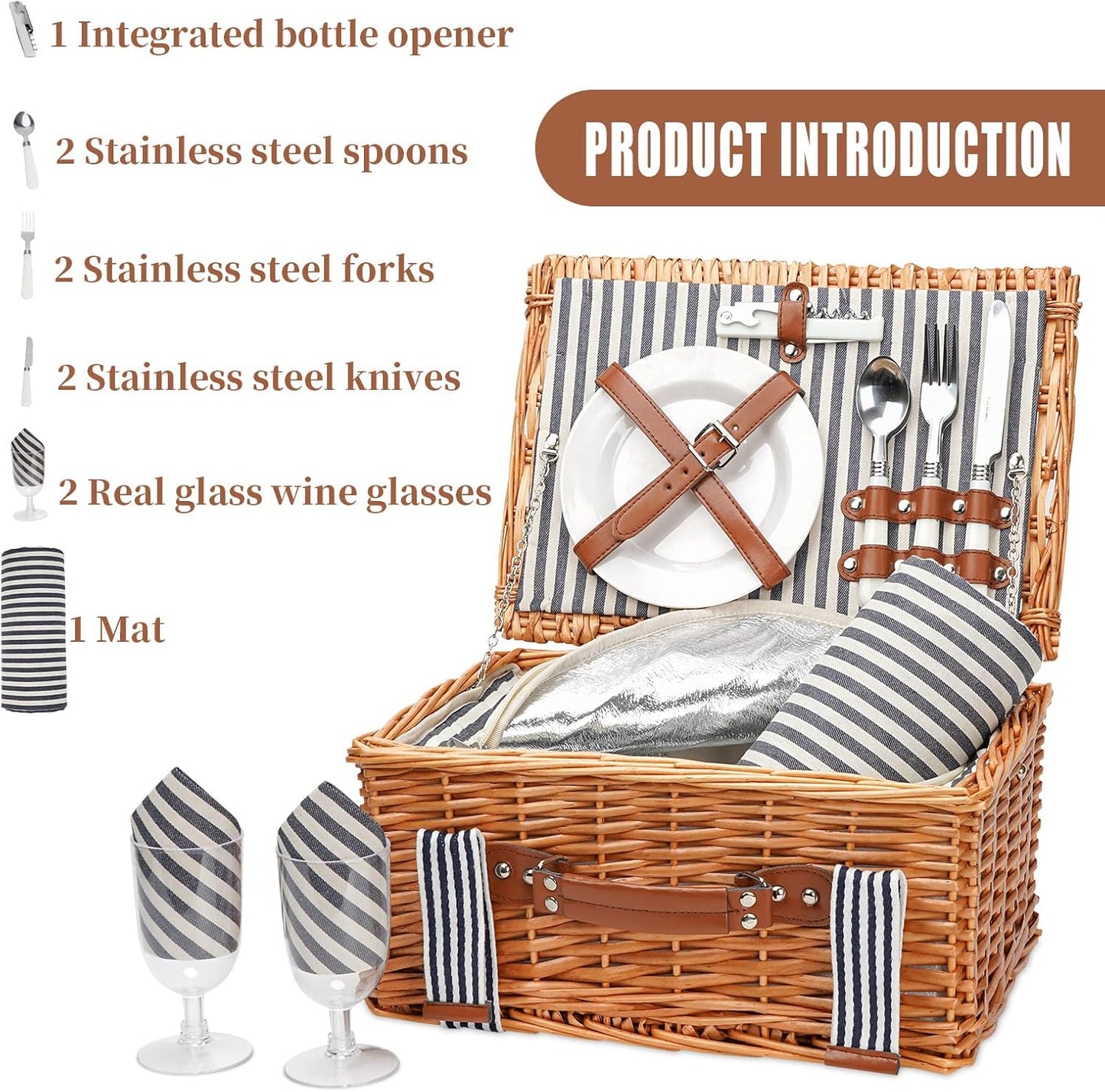 19Pcs Picnic Basket for 2 with Blanket