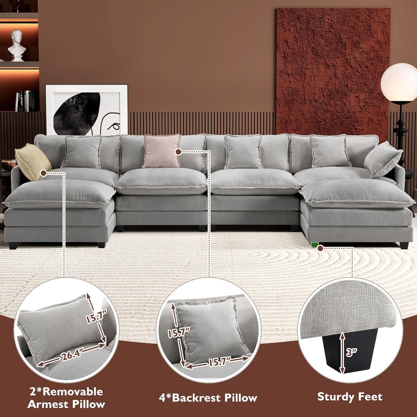 146" U-Shaped Modern Sofa Modular Sectional Cloud Couch