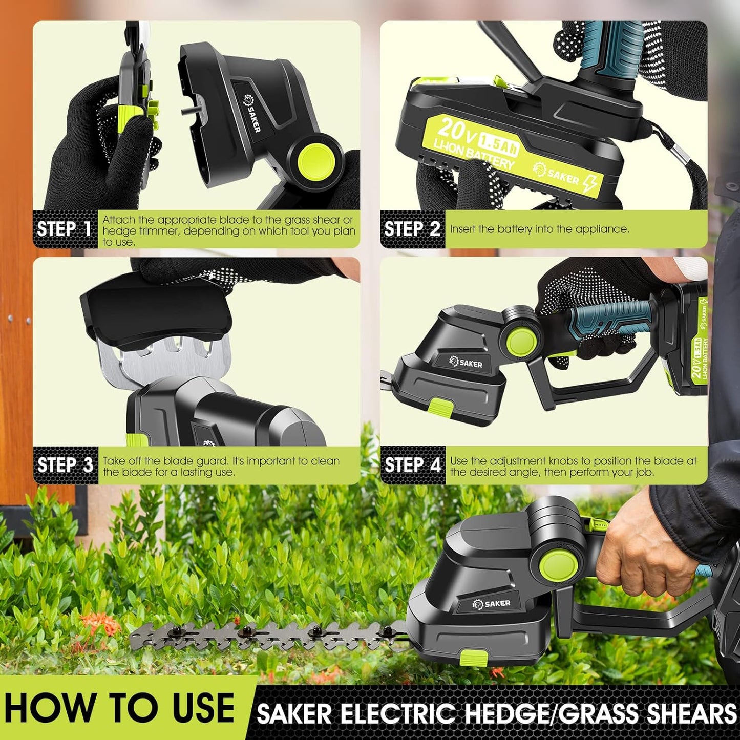 Saker Cordless Hedge Trimmer Electric Shrub Trimmer Grass Shears Handheld Grass Cutter