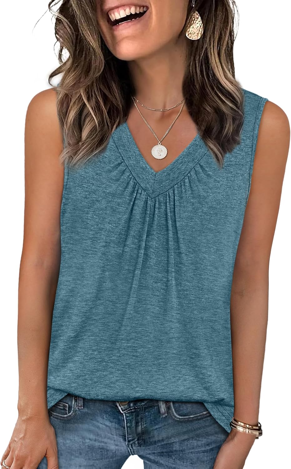 Womens V Neck Tank Top Loose Fit Sleeveless Summer Shirt Ruched Tees and Tanks with Curved Hem