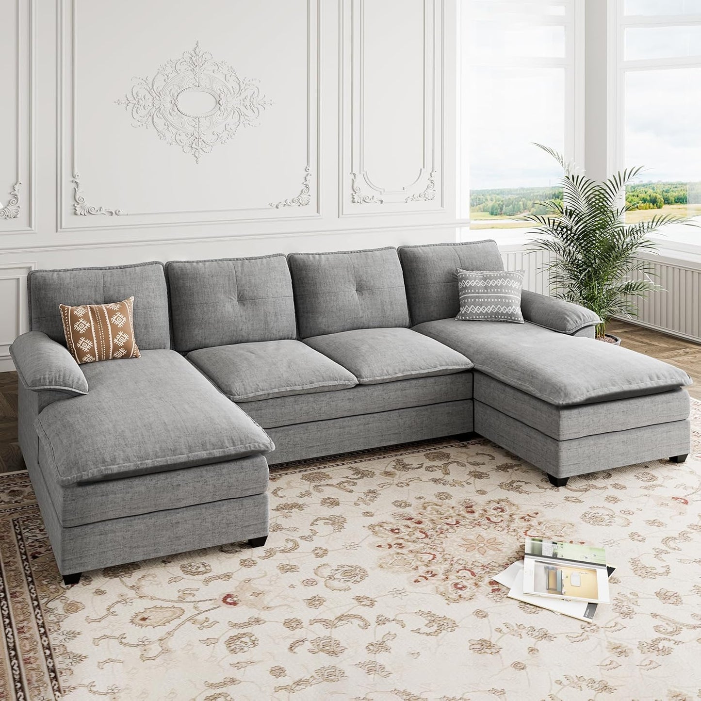 110 Inch U Shaped Sectional Sofa with Double Chaise Black