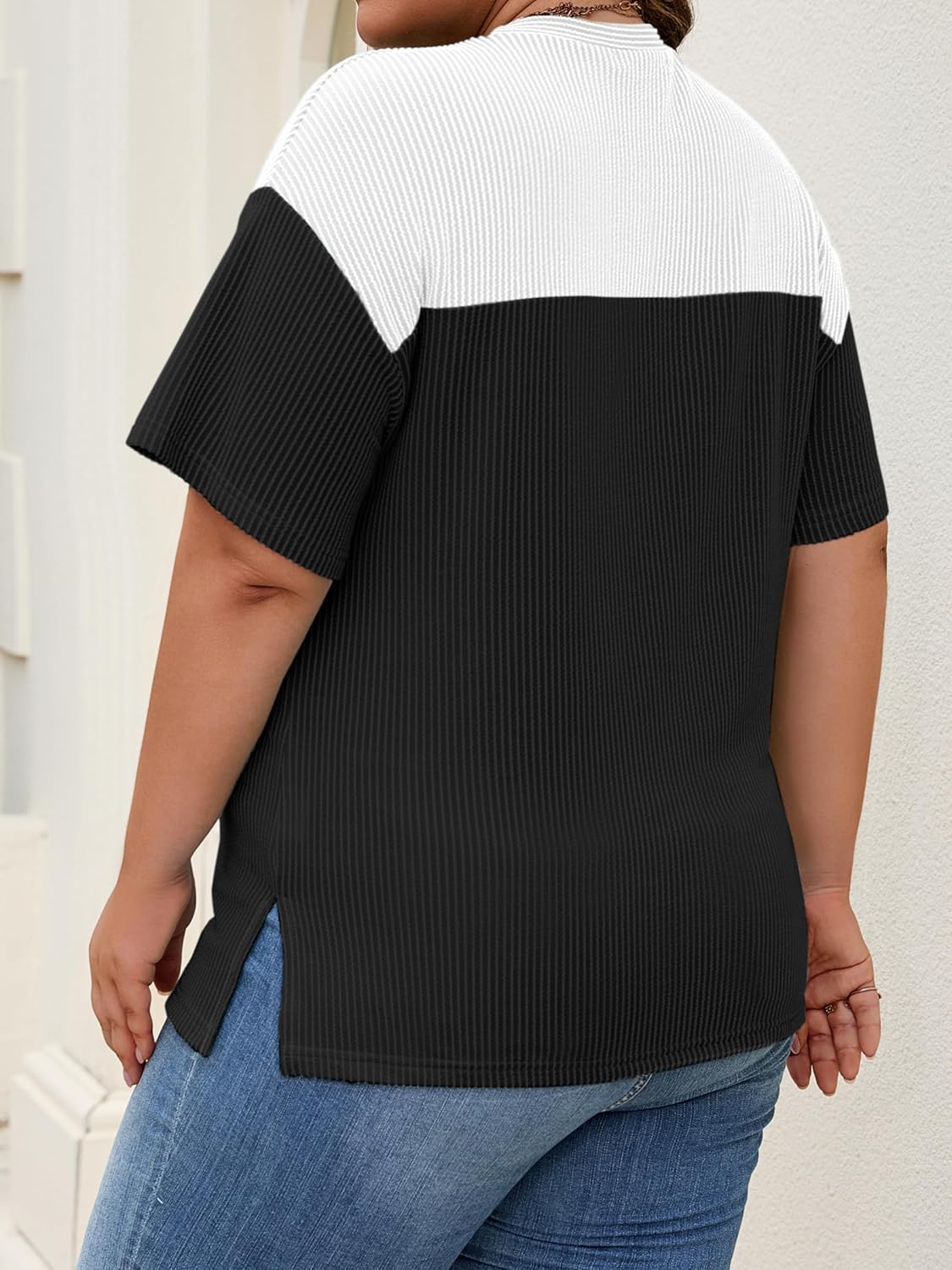 Womens Plus Size Short Sleeve Color Block Pullover Tunic Tops