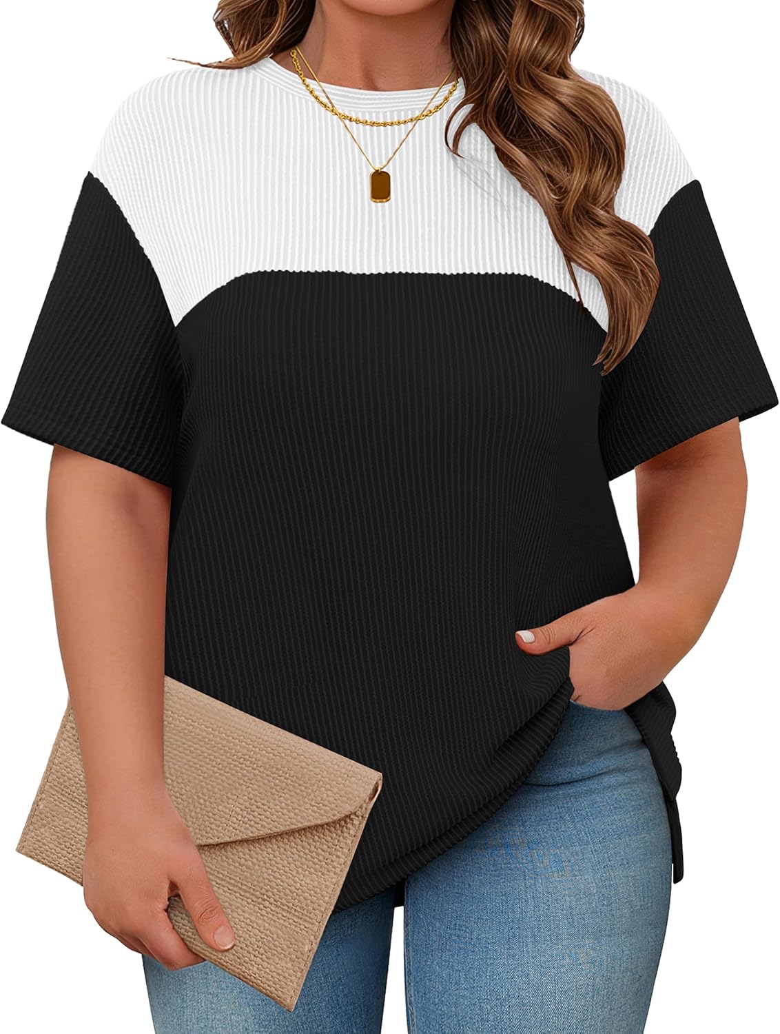 Womens Plus Size Short Sleeve Color Block Pullover Tunic Tops