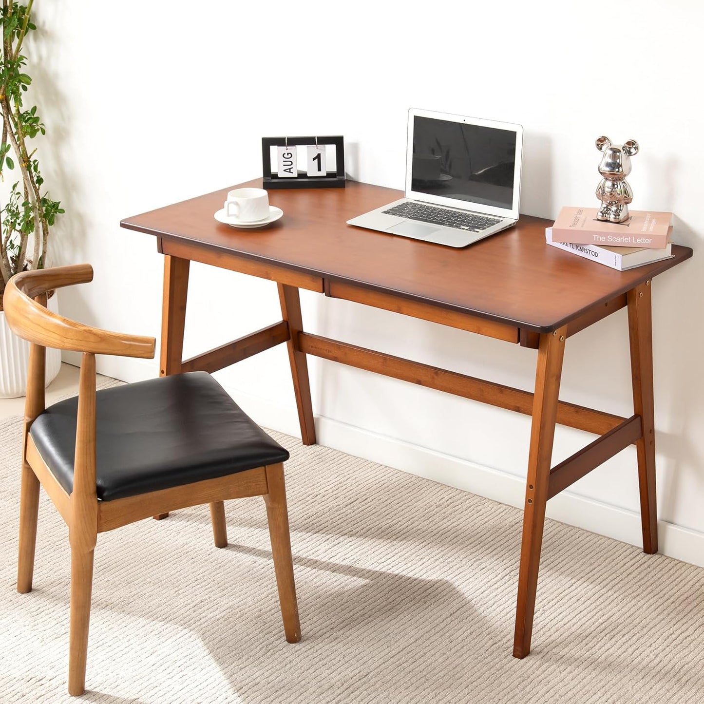 Writing Computer Desk 46" Bamboo Home Office Table with 2 Drawers