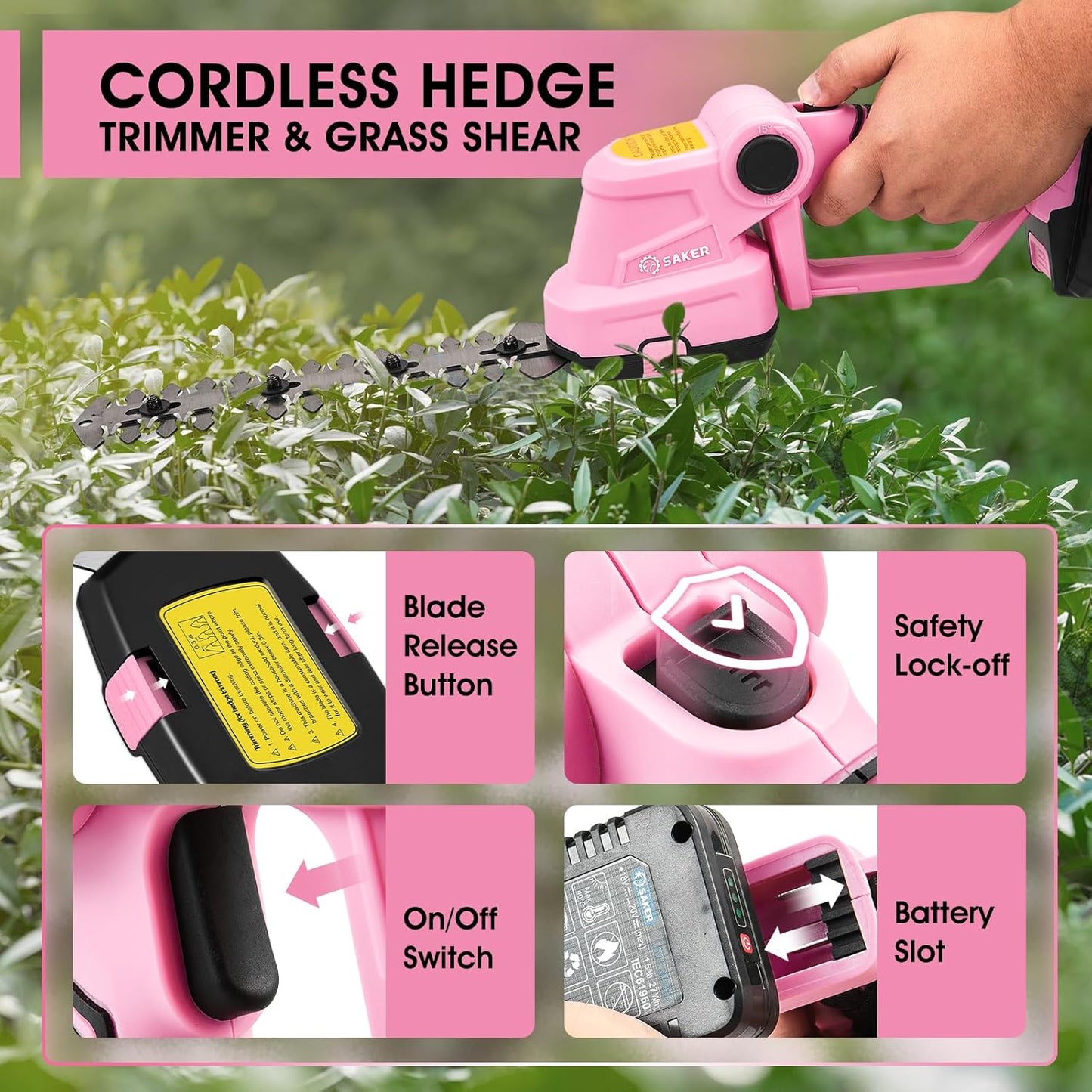 Saker Cordless Hedge Trimmer Electric Shrub Trimmer Grass Shears Handheld Grass Cutter