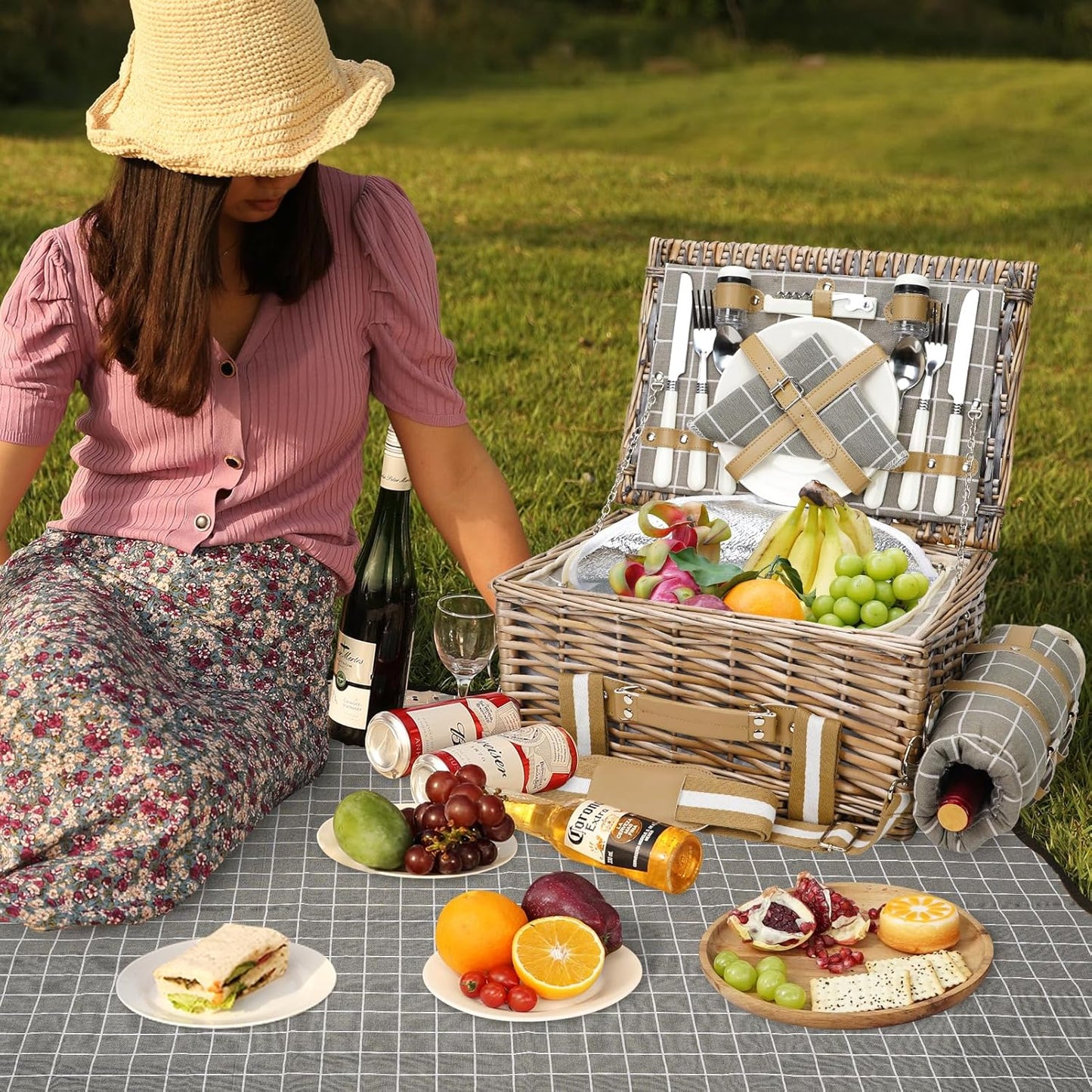 19Pcs Picnic Basket for 2 with Blanket