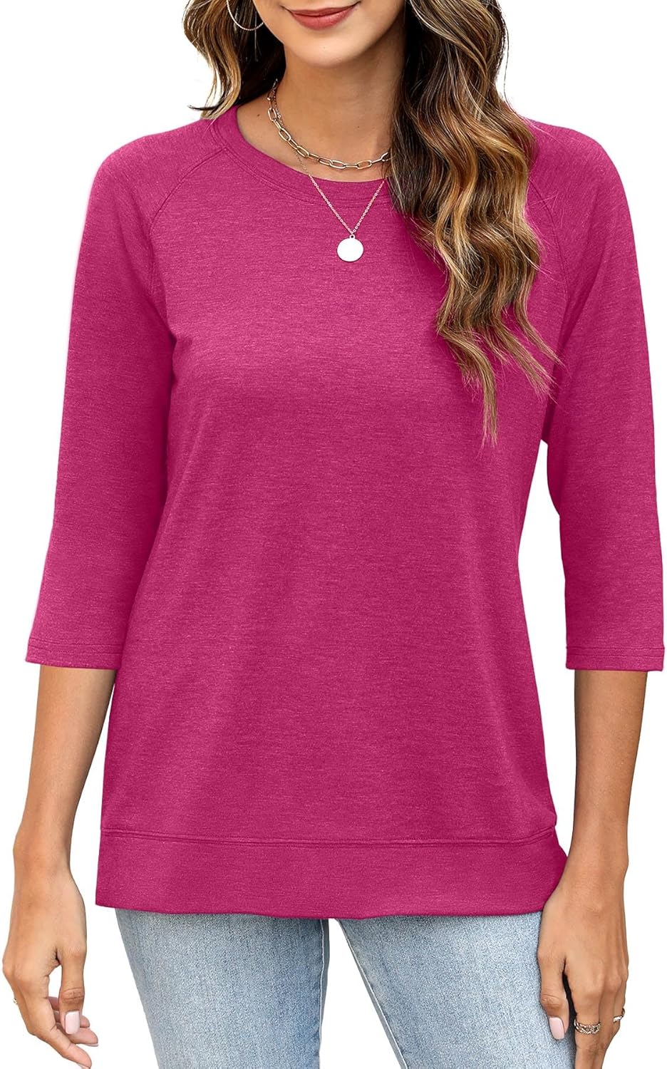 3/4 Sleeve Crew Neck Shirts Loose Fit Tunic Blouses Summer Tees