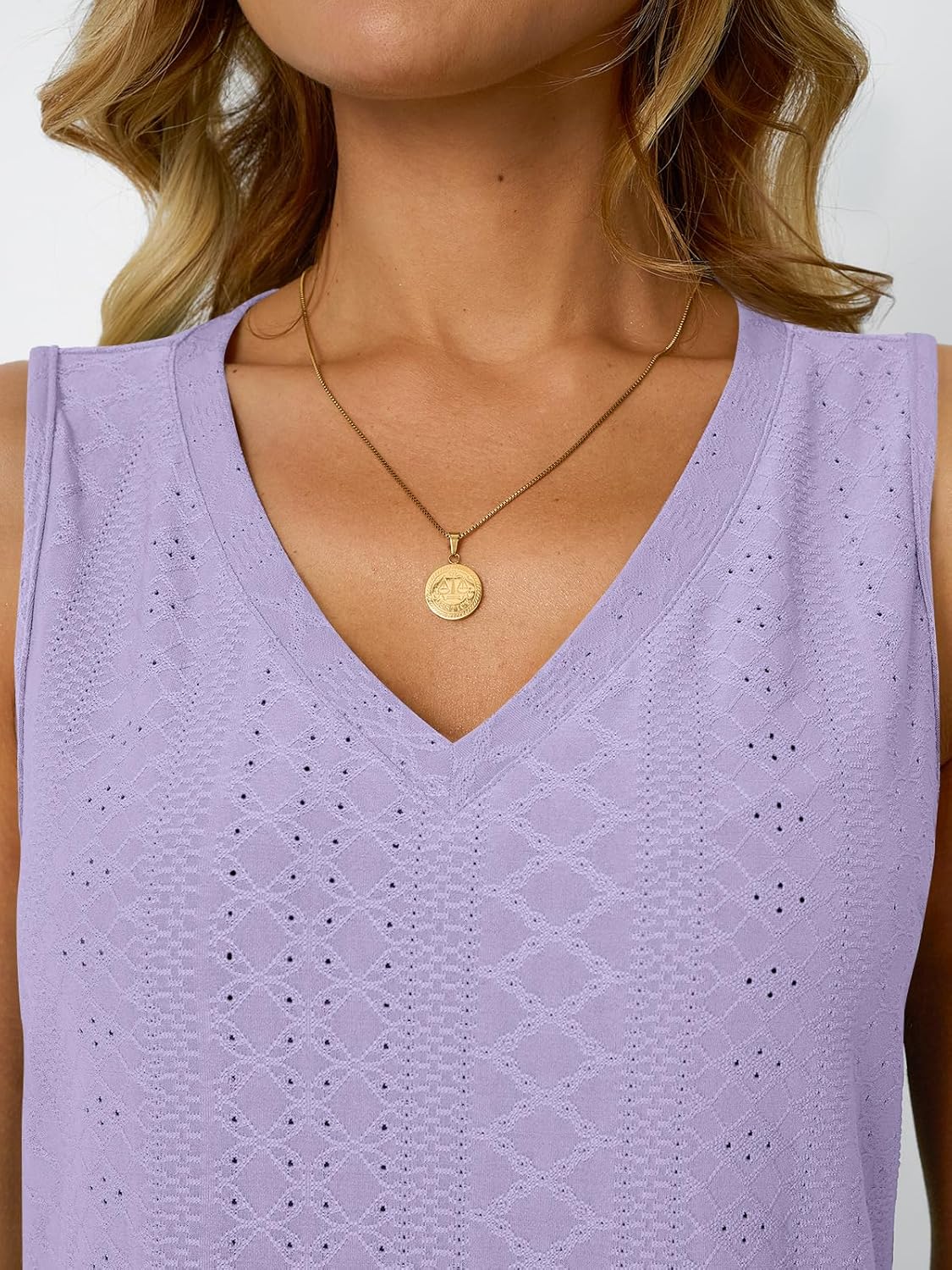 Womens Summer Tank Top Eyelet Embroidery V Neck Sleeveless Loose Fit Casual Shirt