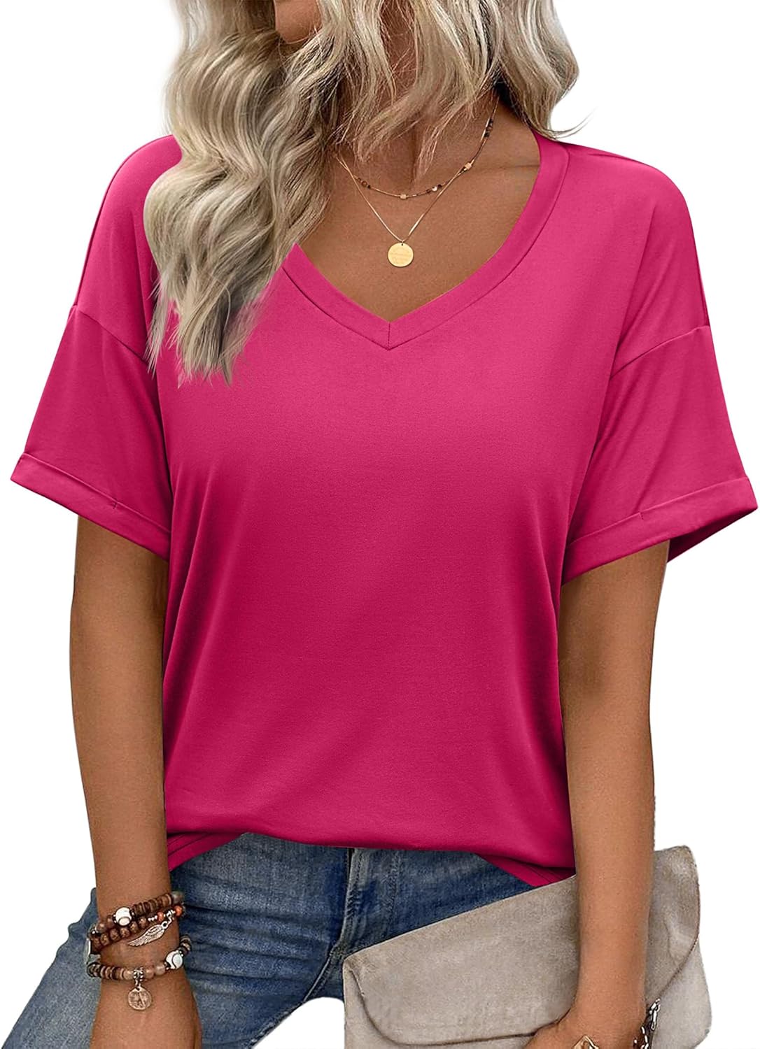 Short Sleeve Casual Shirts Floral Tee Basics V Neck Plain T-shirt
