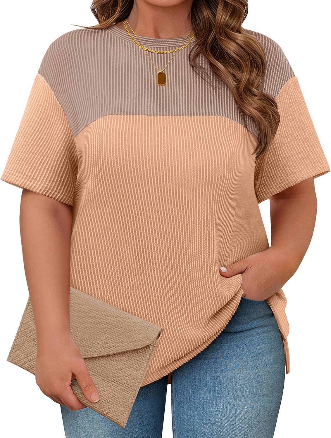 Womens Plus Size Short Sleeve Color Block Pullover Tunic Tops