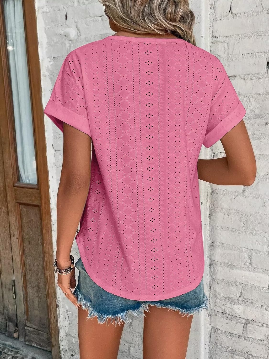Womens Tops Eyelet Embroidery Summer Spring Curved Hem Short Sleeve Trendy T Shirts