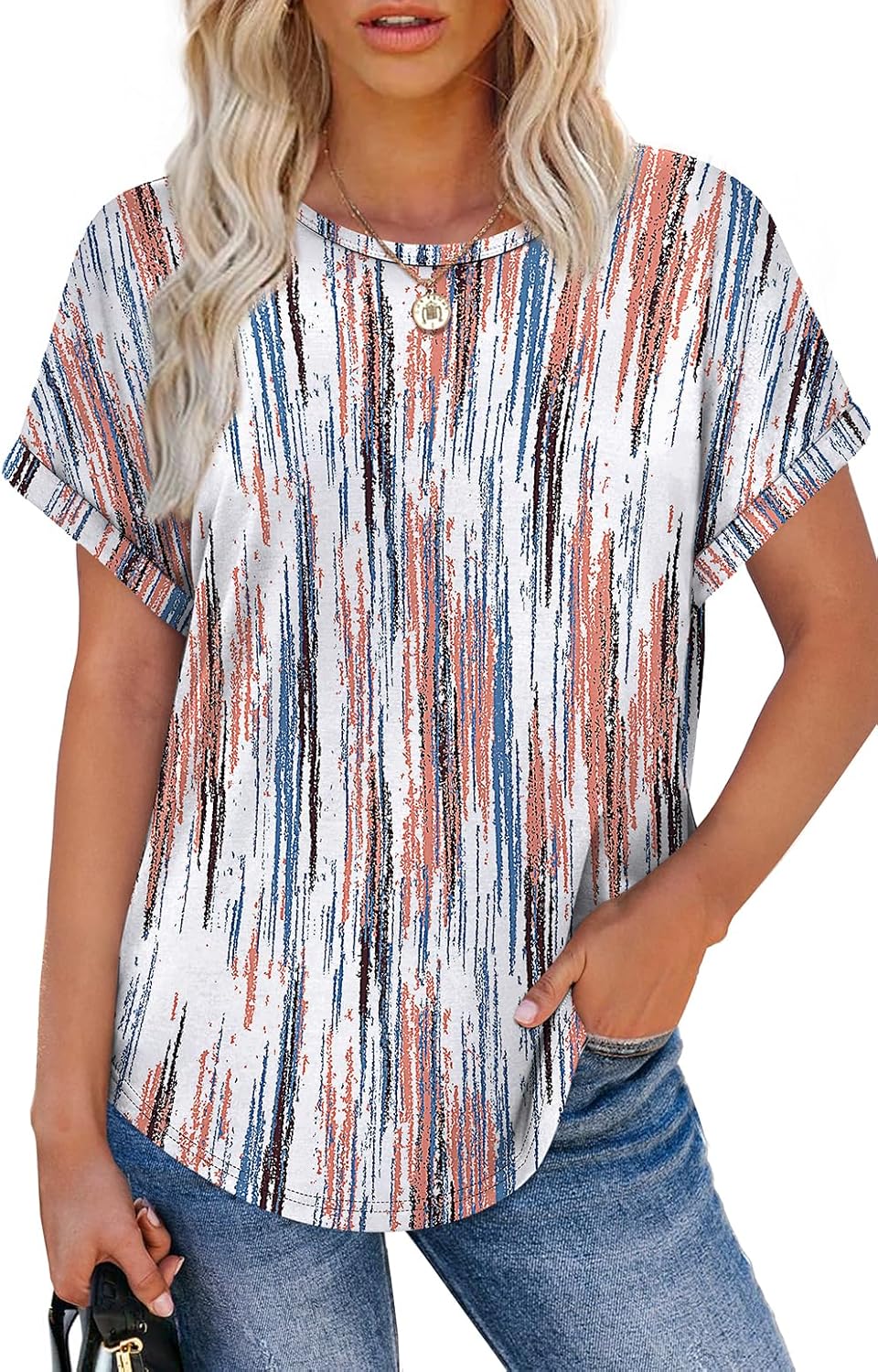 Womens T Shirts Crew Neck Rolled Short Sleeve Basic Summer Tees Curved Hem