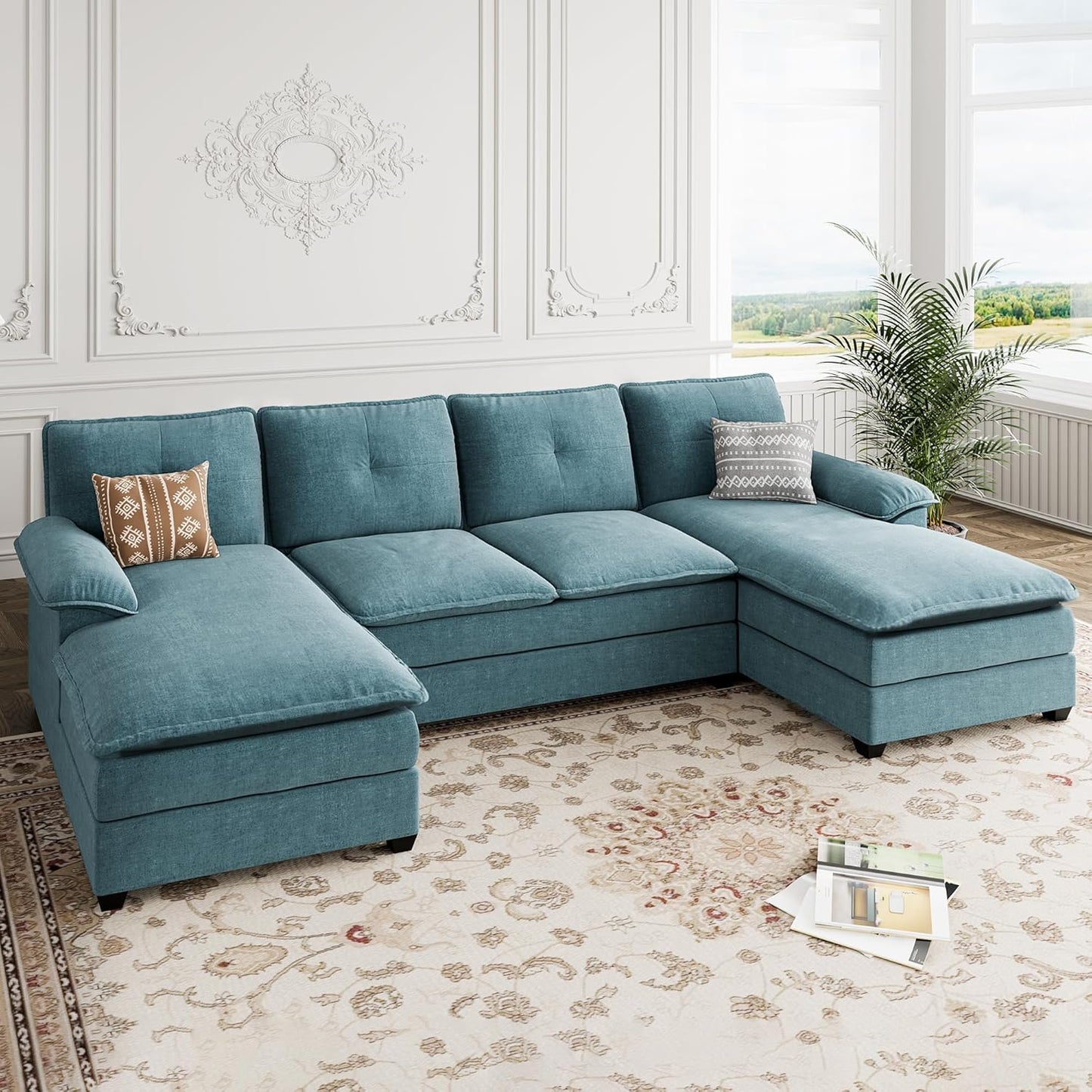 110 Inch U Shaped Sectional Sofa with Double Chaise Black