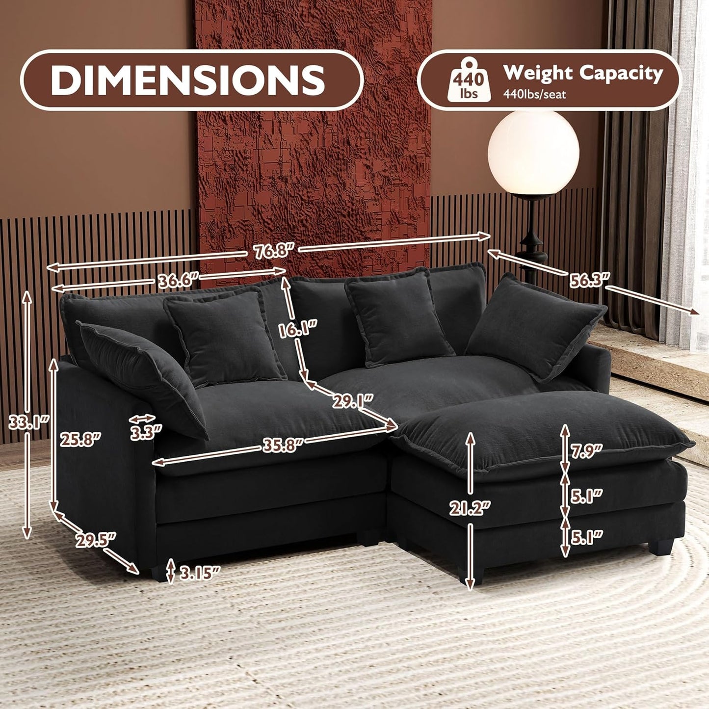 146" U-Shaped Modern Sofa Modular Sectional Cloud Couch