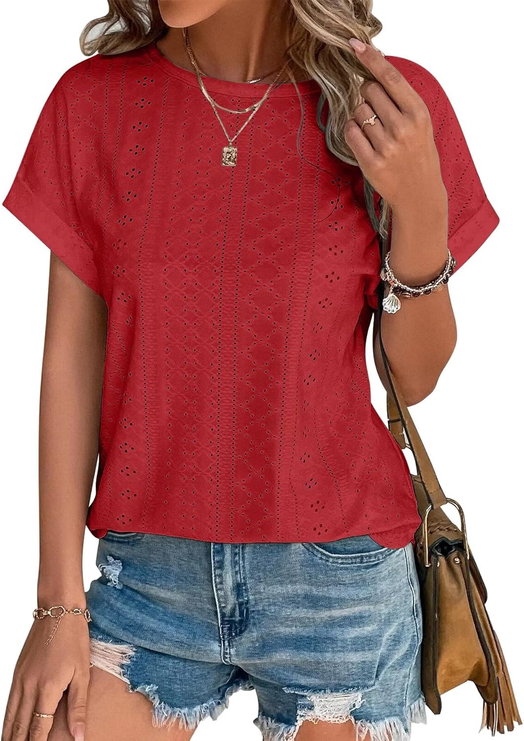 Womens Tops Eyelet Embroidery Summer Spring Curved Hem Short Sleeve Trendy T Shirts