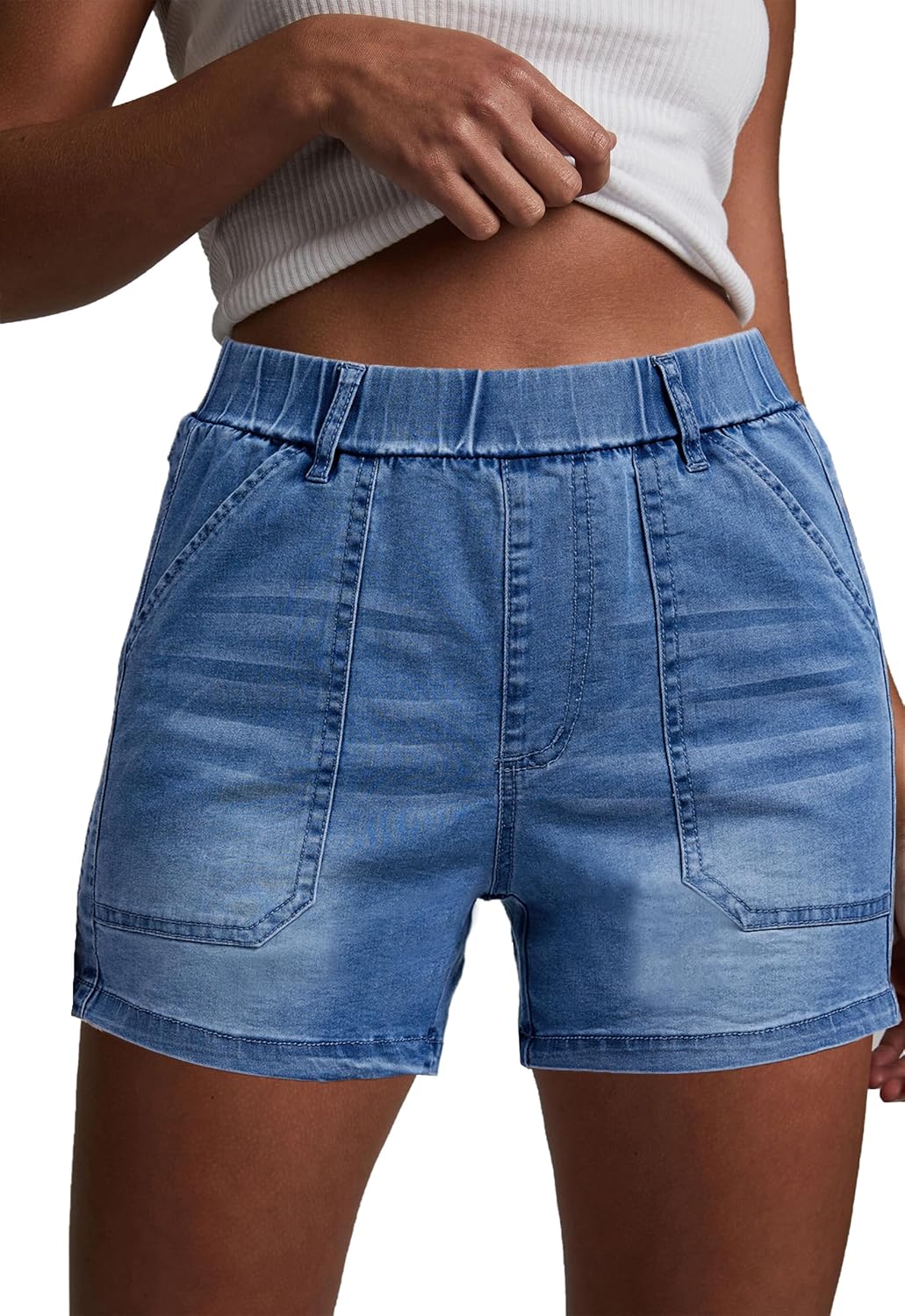 Womens Jean Shorts High Waisted Summer Cotton Elastic Waist Denim Shorts with Pockets