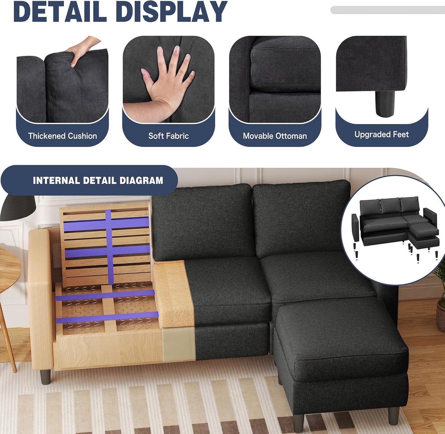 110 Inch U Shaped Sectional Sofa with Double Chaise Black