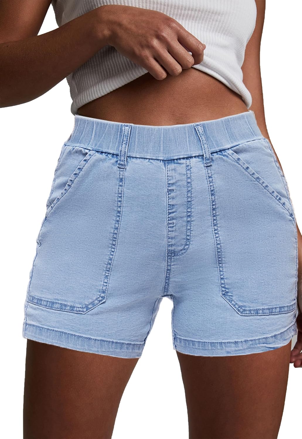 Womens Jean Shorts High Waisted Summer Cotton Elastic Waist Denim Shorts with Pockets