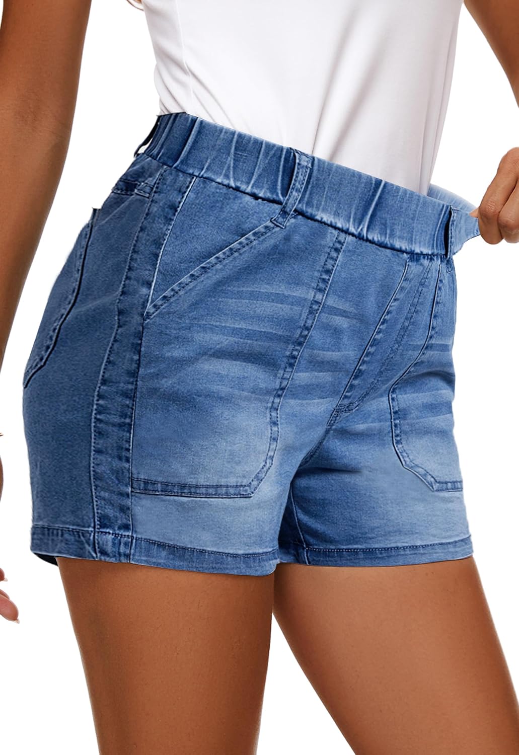 Womens Jean Shorts High Waisted Summer Cotton Elastic Waist Denim Shorts with Pockets