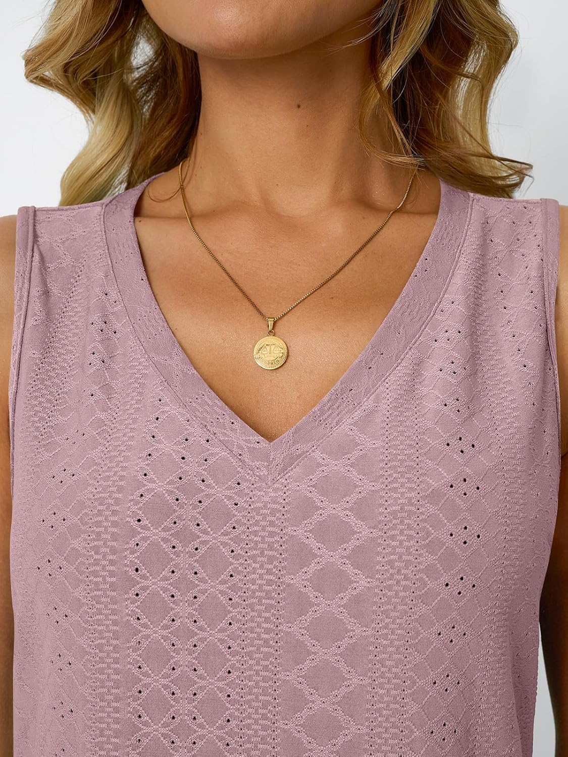 Womens Summer Tank Top Eyelet Embroidery V Neck Sleeveless Loose Fit Casual Shirt