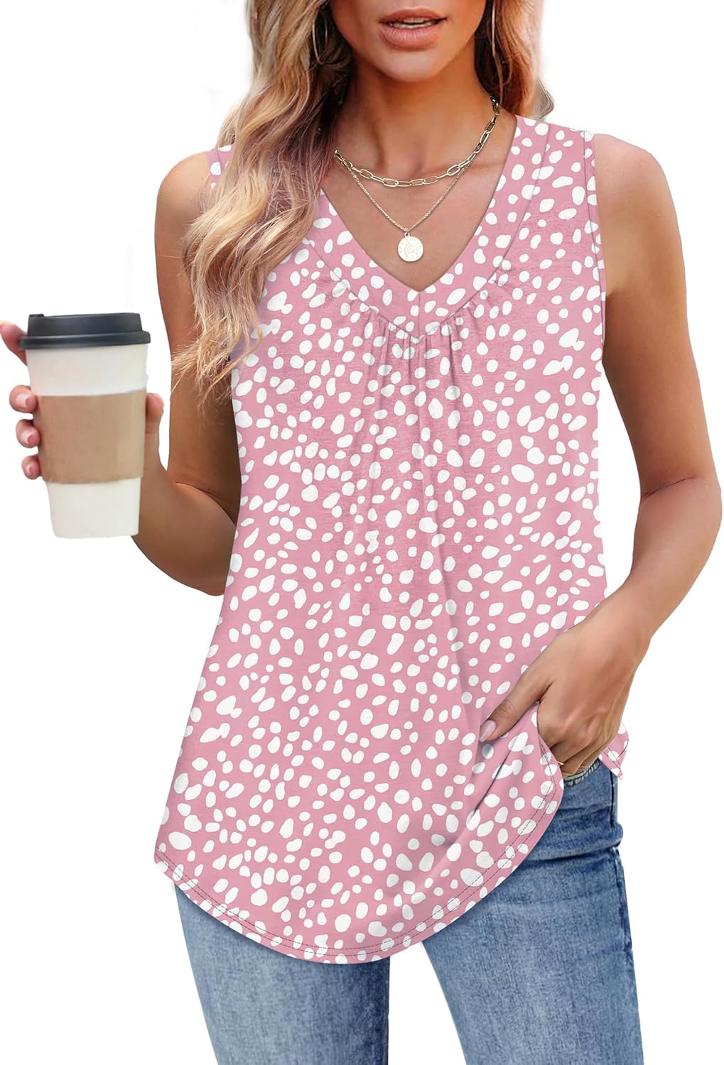 Womens V Neck Tank Top Loose Fit Sleeveless Summer Shirt Ruched Tees and Tanks with Curved Hem