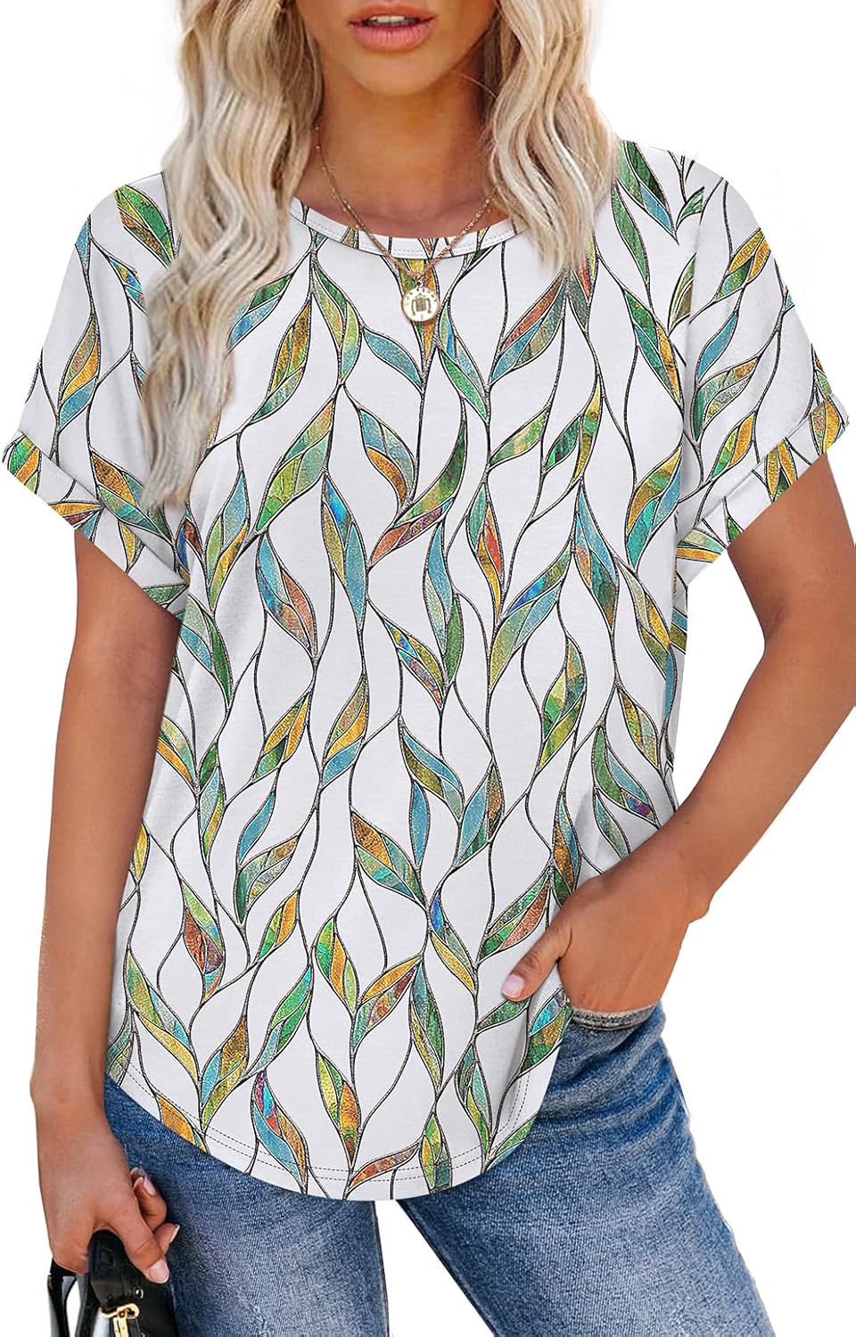 Womens T Shirts Crew Neck Rolled Short Sleeve Basic Summer Tees Curved Hem