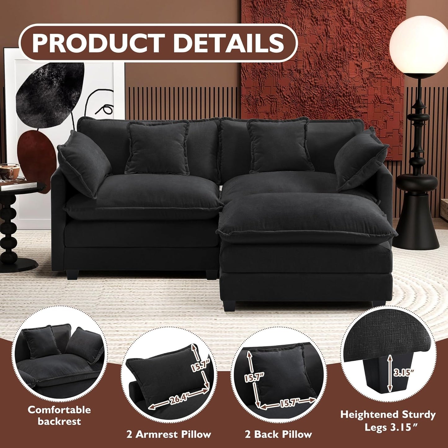 146" U-Shaped Modern Sofa Modular Sectional Cloud Couch