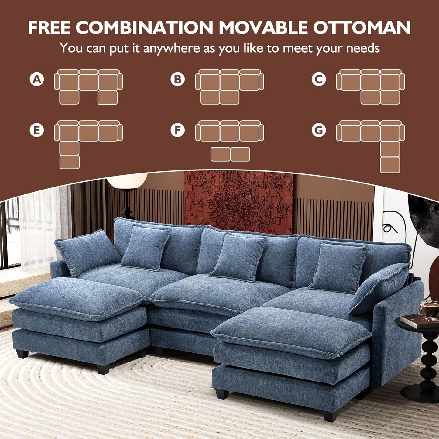 146" U-Shaped Modern Sofa Modular Sectional Cloud Couch