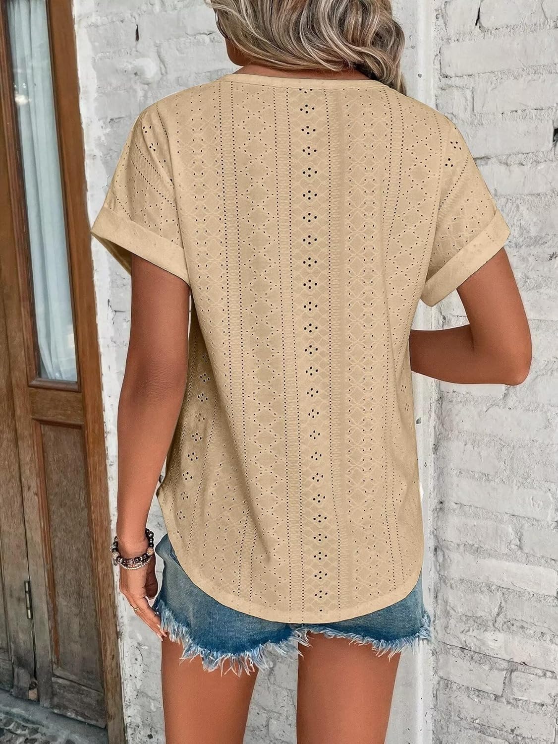 Womens Tops Eyelet Embroidery Summer Spring Curved Hem Short Sleeve Trendy T Shirts