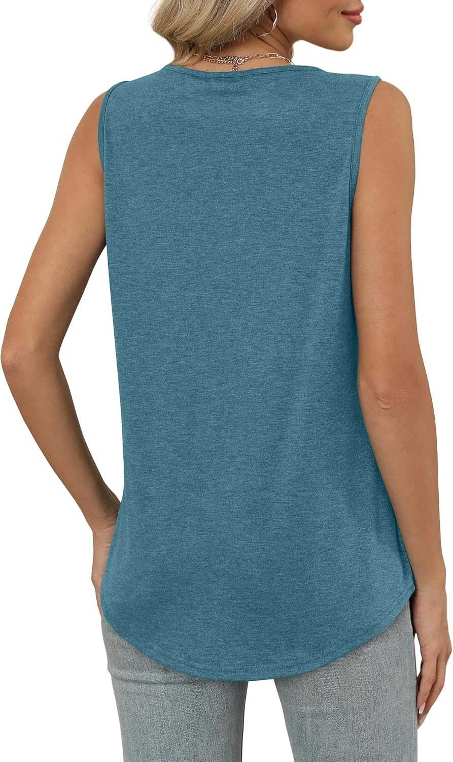 Womens V Neck Tank Top Loose Fit Sleeveless Summer Shirt Ruched Tees and Tanks with Curved Hem