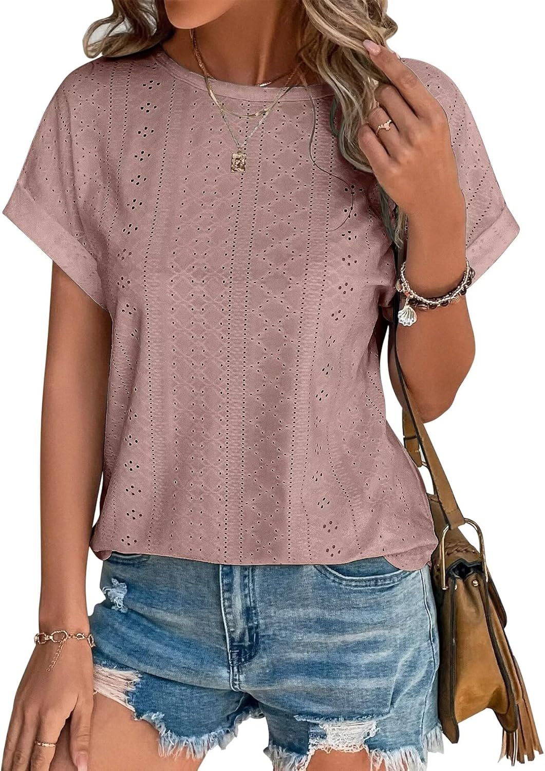 Womens Tops Eyelet Embroidery Summer Spring Curved Hem Short Sleeve Trendy T Shirts