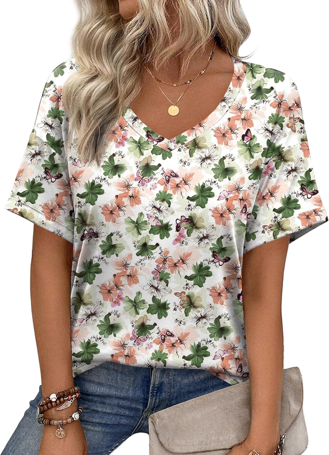 Short Sleeve Casual Shirts Floral Tee Basics V Neck Plain T-shirt