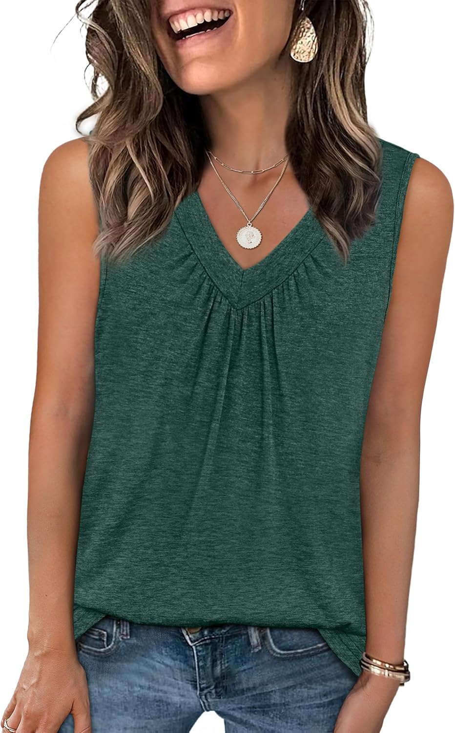 Womens V Neck Tank Top Loose Fit Sleeveless Summer Shirt Ruched Tees and Tanks with Curved Hem