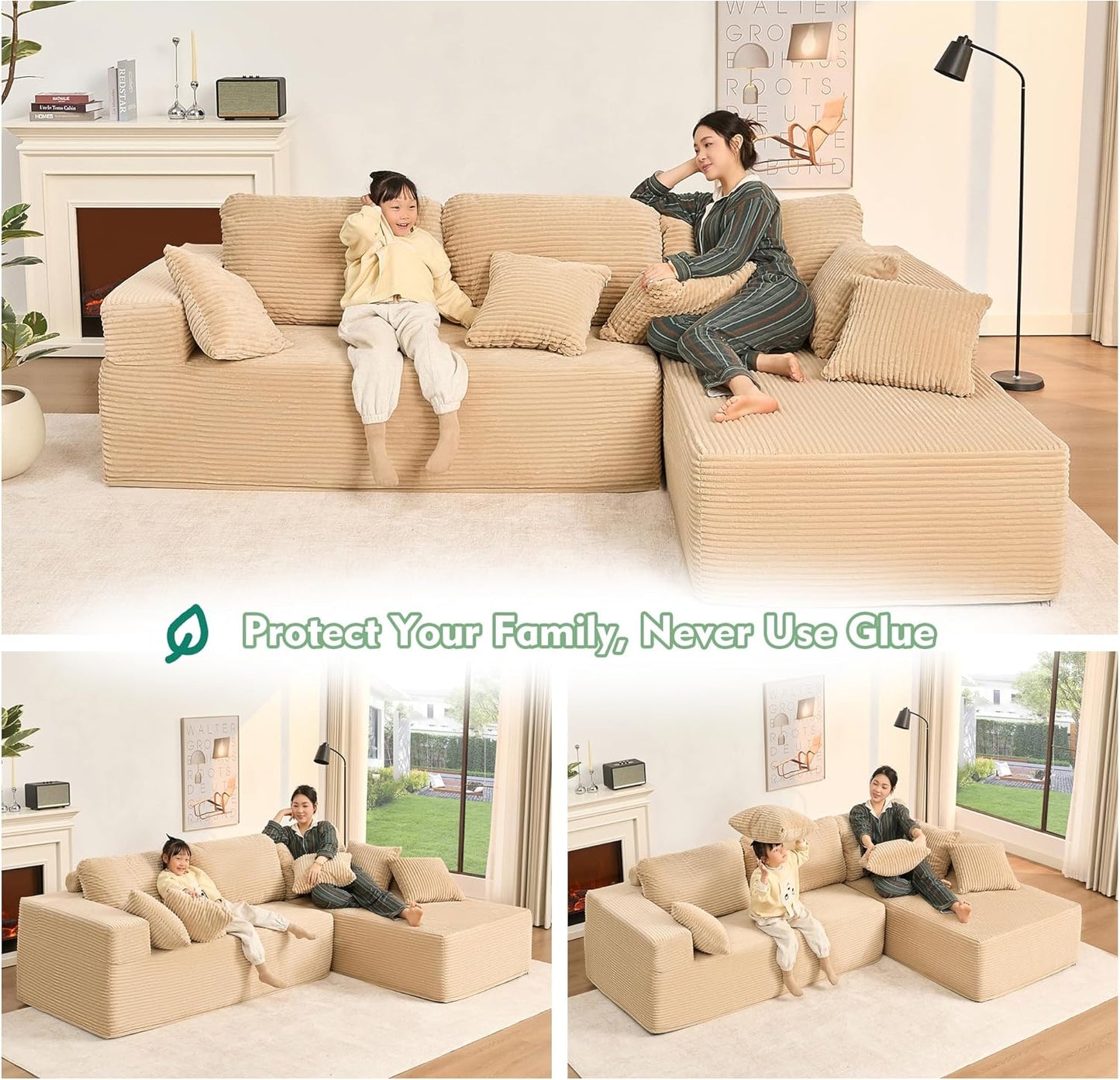 107" Boneless Couch with Deep Seat Cloud Sectional Couch for Living Room
