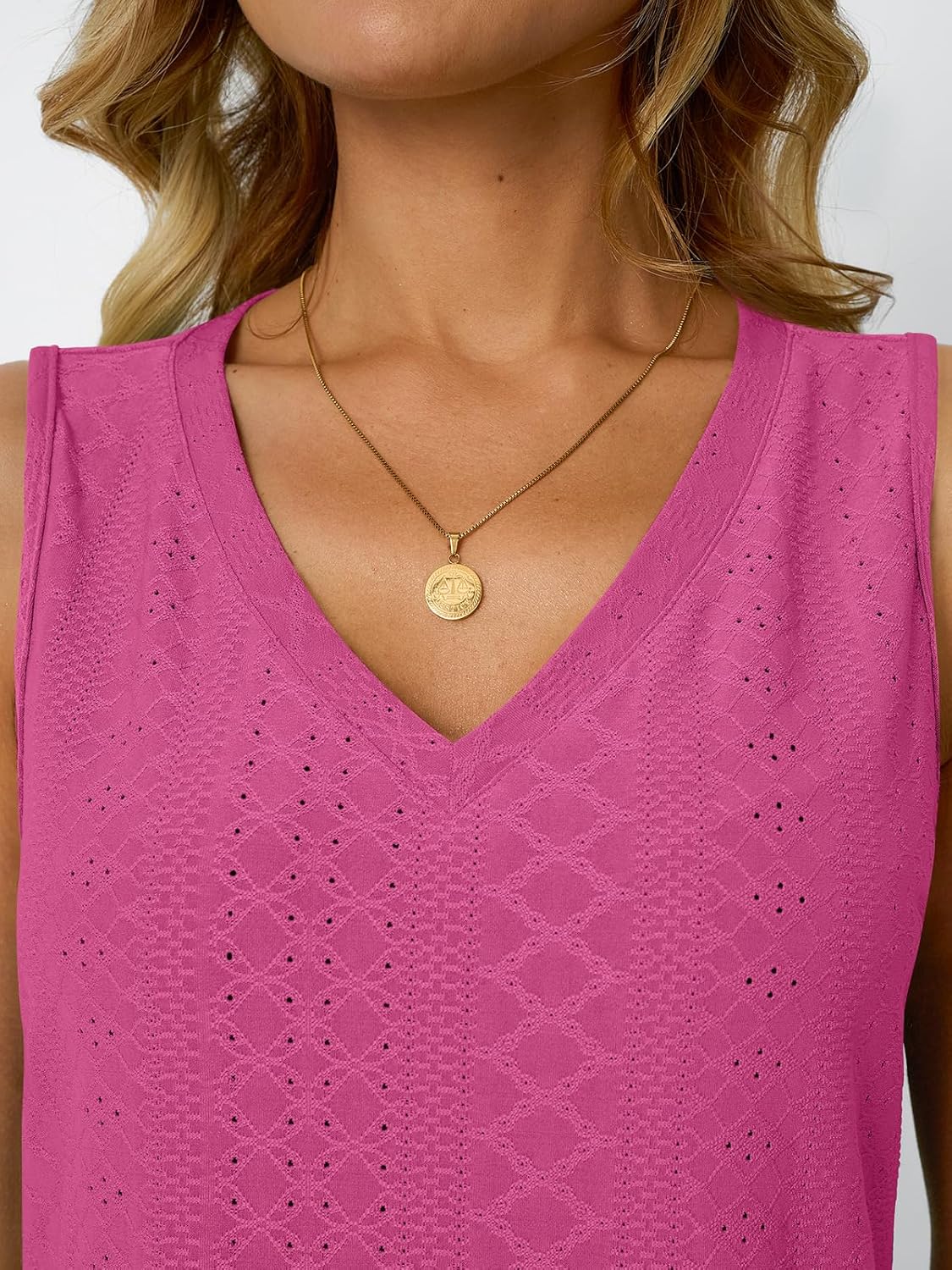 Womens Summer Tank Top Eyelet Embroidery V Neck Sleeveless Loose Fit Casual Shirt