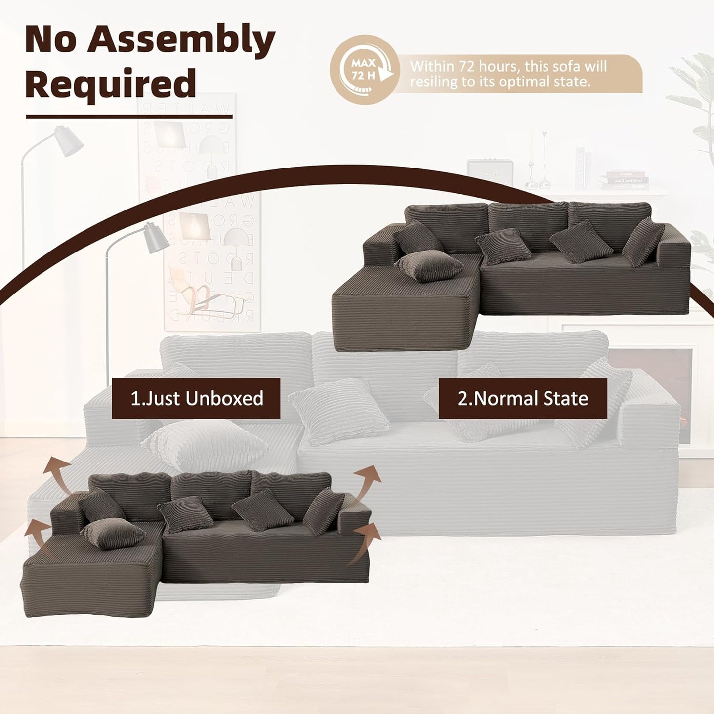 107" Boneless Couch with Deep Seat Cloud Sectional Couch for Living Room