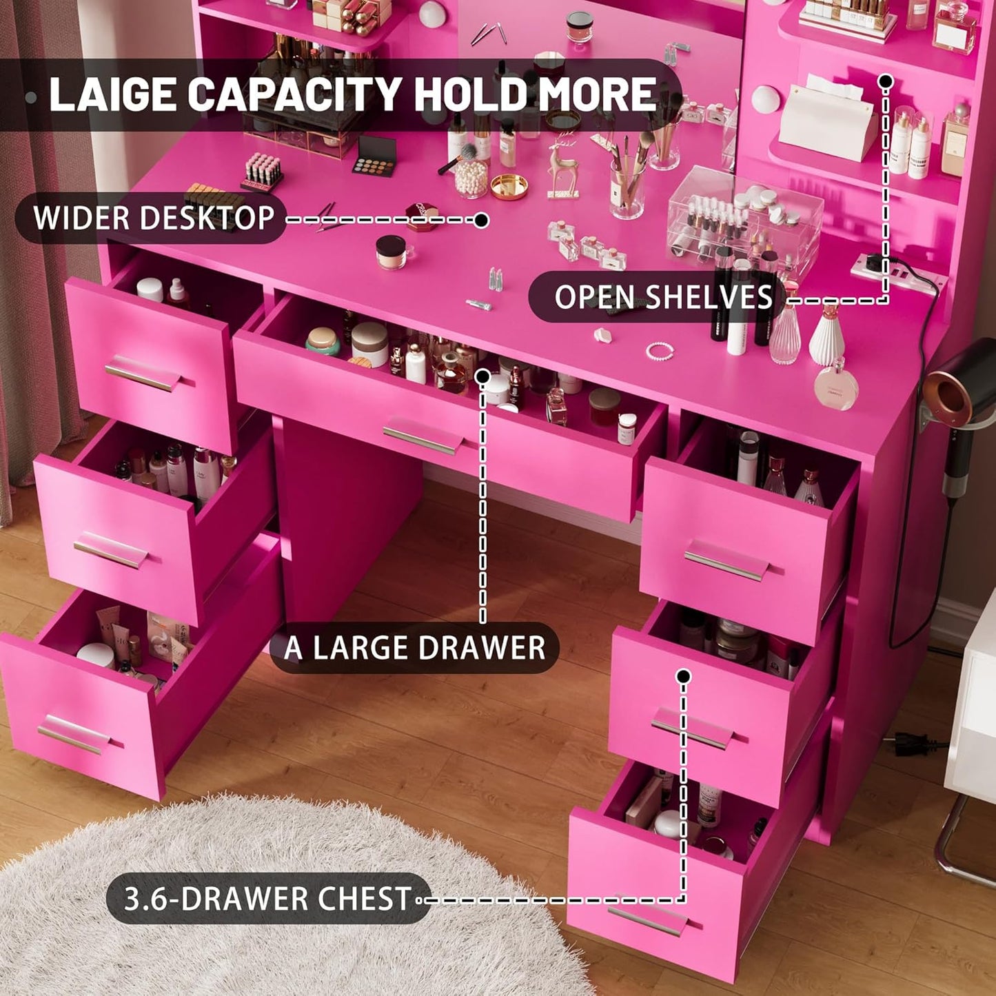 Furmax Vanity Desk with Mirror LED Lights and Power Outlet Makeup Vanity Table