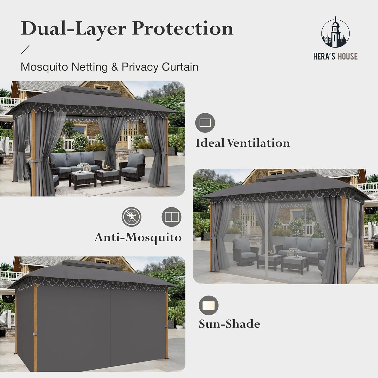 10x13 Outdoor with Screened Double Roof Heavy-Duty Patio Canopy Tent Dark Blue