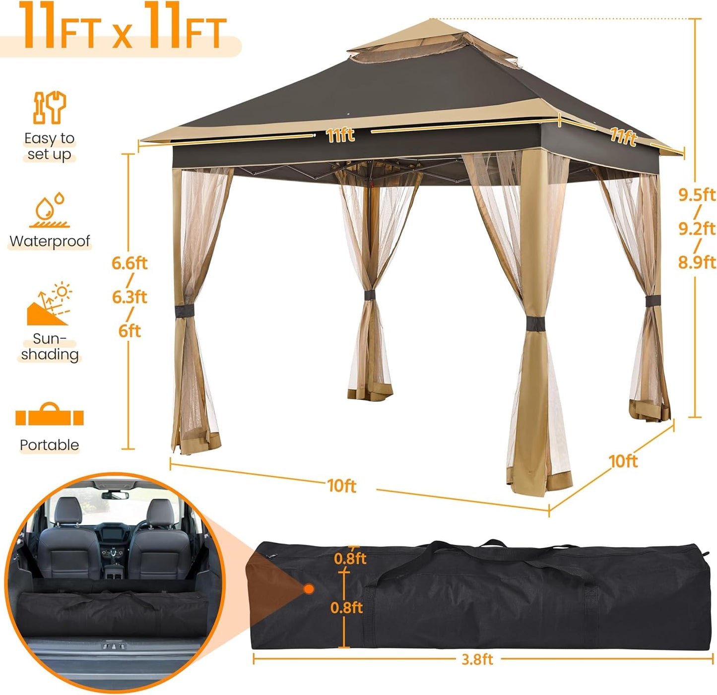 11x11 Pop Up Gazebo Canopy Tent with Mesh Netting and Sandbags