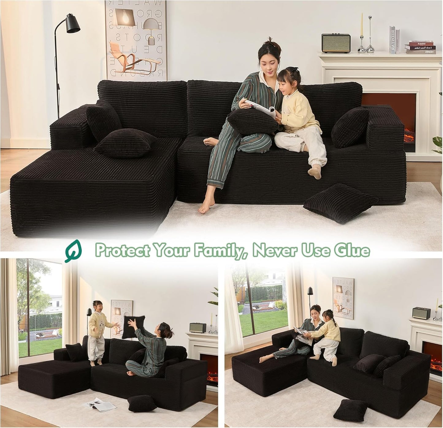 107" Boneless Couch with Deep Seat Cloud Sectional Couch for Living Room