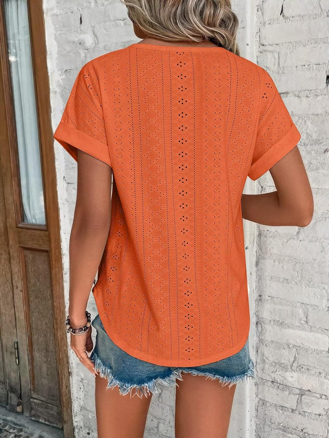 Womens Tops Eyelet Embroidery Summer Spring Curved Hem Short Sleeve Trendy T Shirts