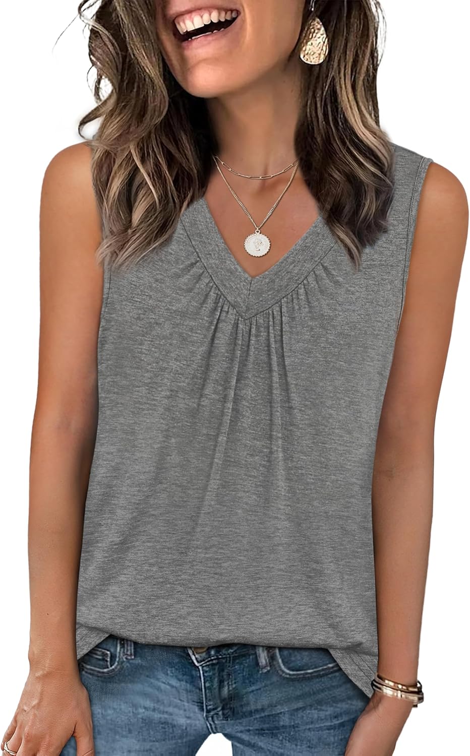 Womens V Neck Tank Top Loose Fit Sleeveless Summer Shirt Ruched Tees and Tanks with Curved Hem