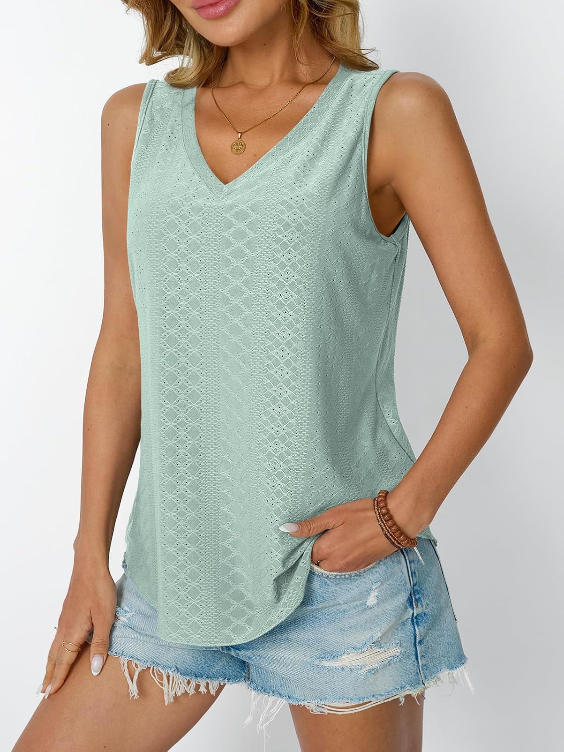 Womens Summer Tank Top Eyelet Embroidery V Neck Sleeveless Loose Fit Casual Shirt
