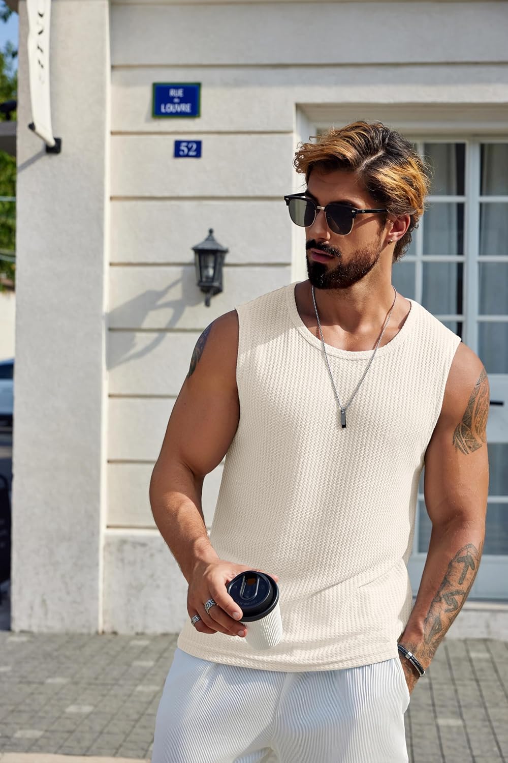 Mens Casual Tank Tops Waffle Knit Sleeveless Shirt Breathable Tank Shirts