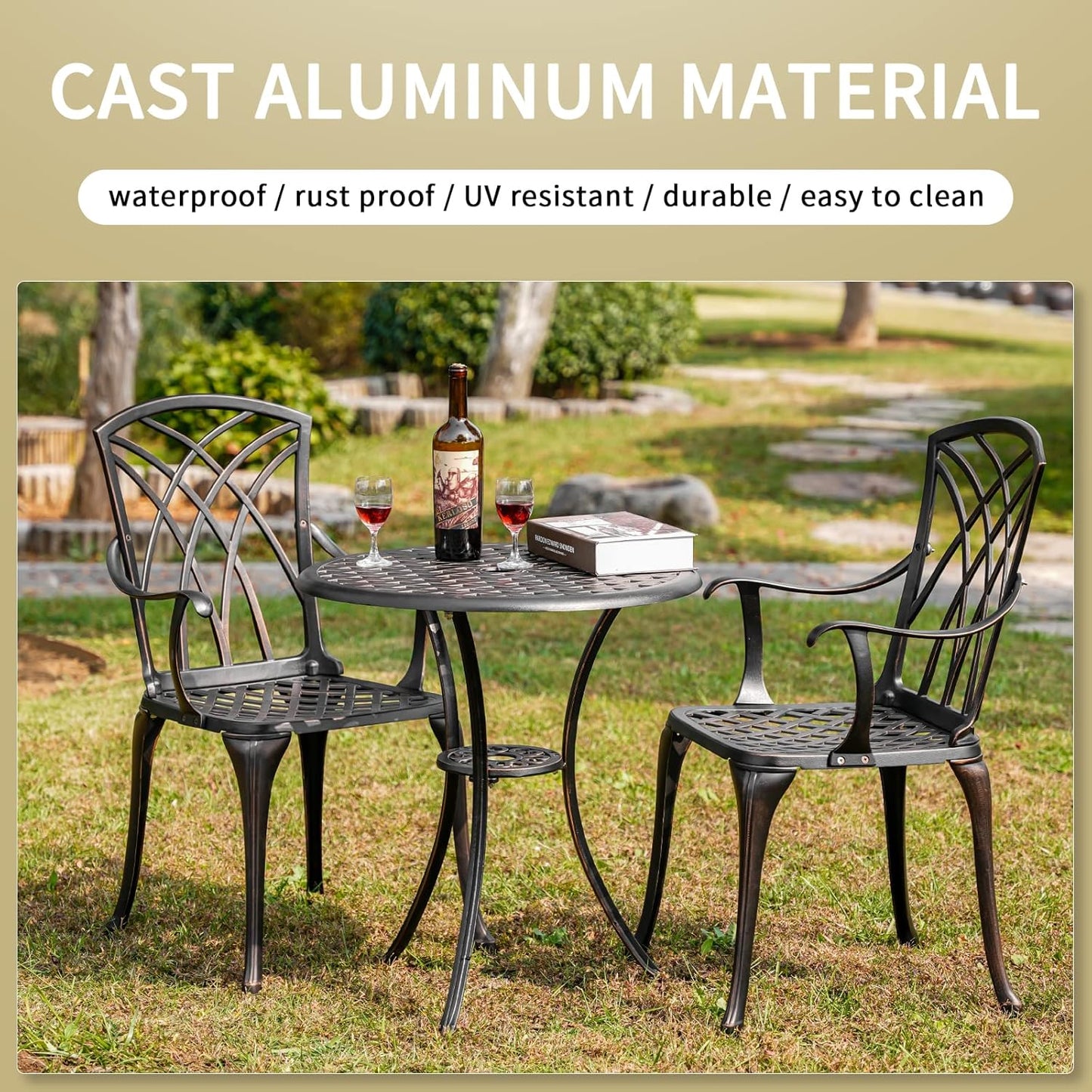 Patio Bistro Set 3 Piece Outdoor Cast Aluminum Outdoor Bistro Table